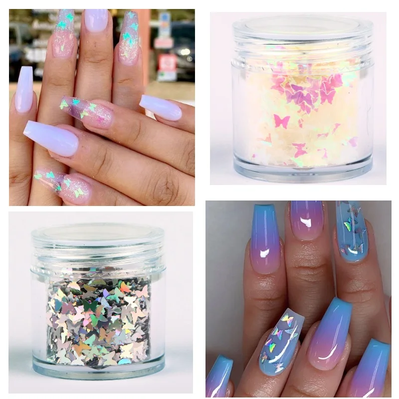 1 бутылка голографический блеск для ногтей в виде бабочки серебряные лазерные