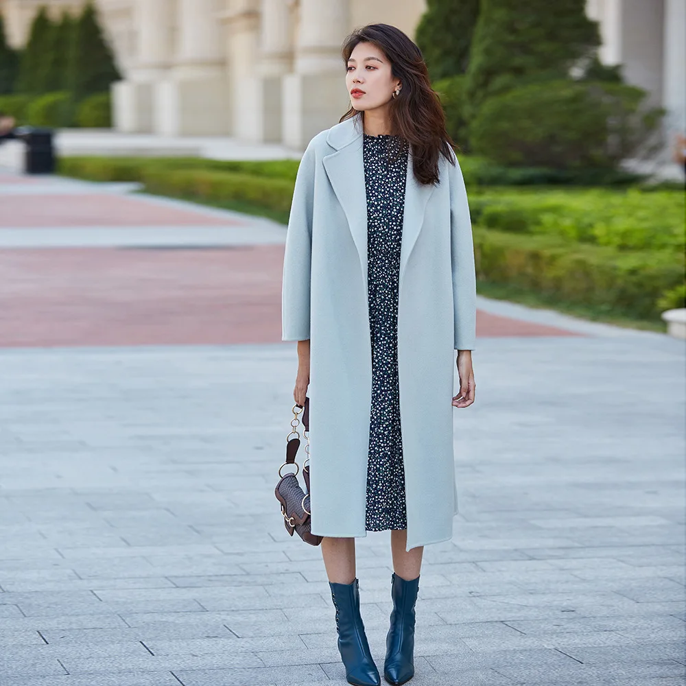 Mint Green Длинное шерстяное пальто женское подиумное розовое пальто зимнее теплое Женское пальто мятно-зеленая одежда с поясом шерстяное пальто роскошное милое карамельного цвета jas - Цвет: Mint Green