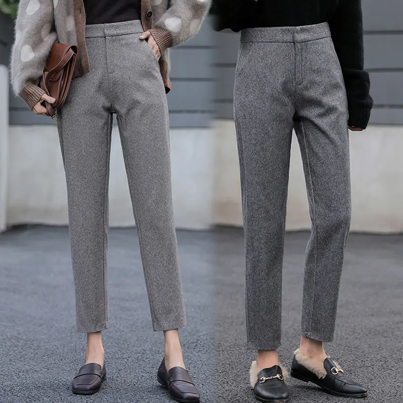 Женские шерстяные шаровары теплые офисные брюки до щиколотки с высокой талией и
