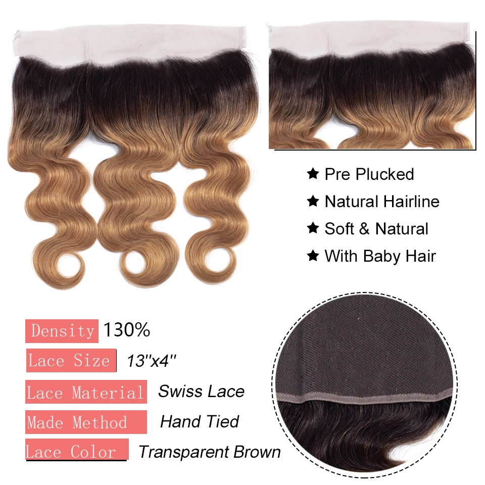 Омбре волнистые волосы пучки с фронтальным закрытием 1B 27 медовый блонд