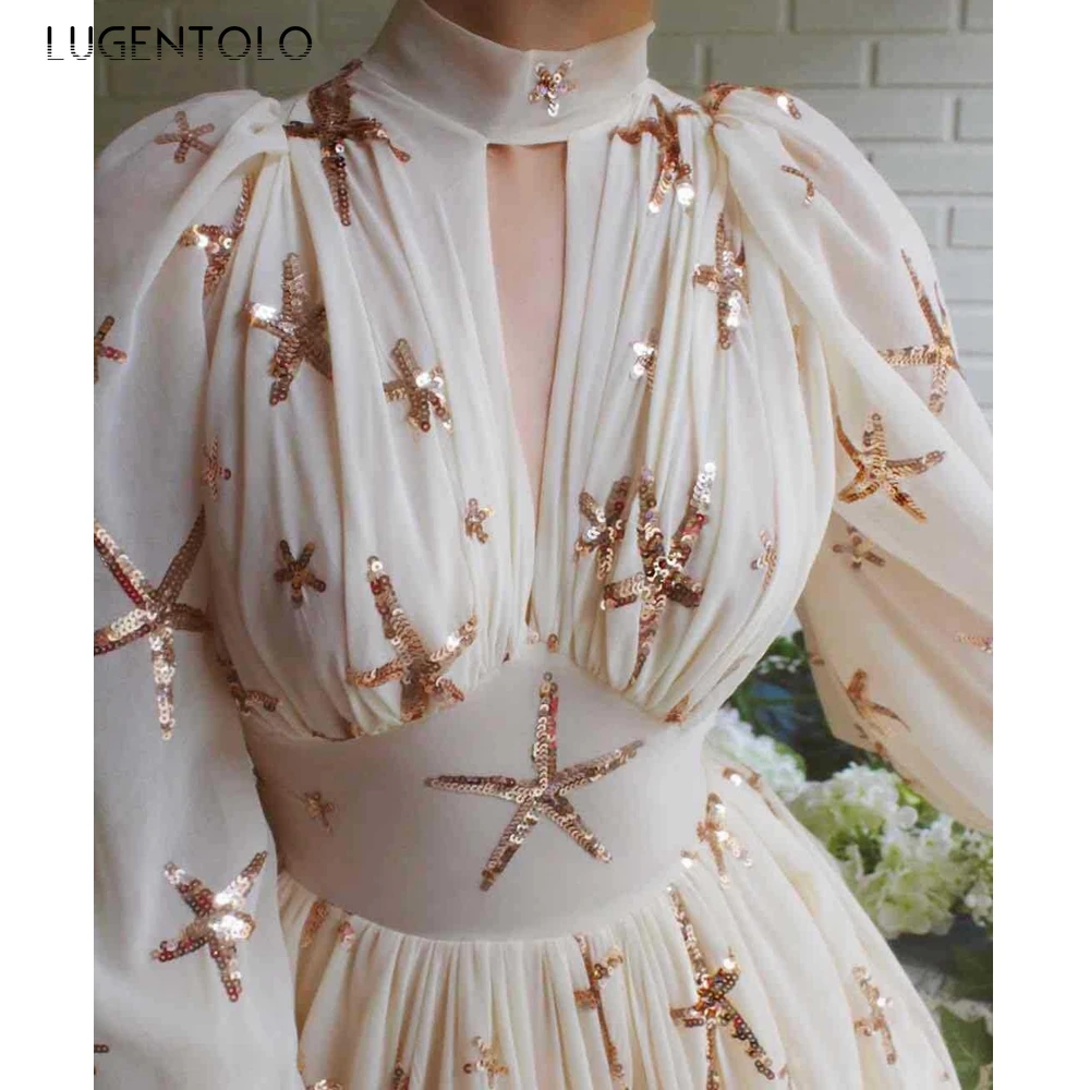 

Lugentolo Women Party Dress Sexy Semi High Collar Sequins Slit Lantern Long Sleeve High Waist Big Swing Womens Maxi Dress