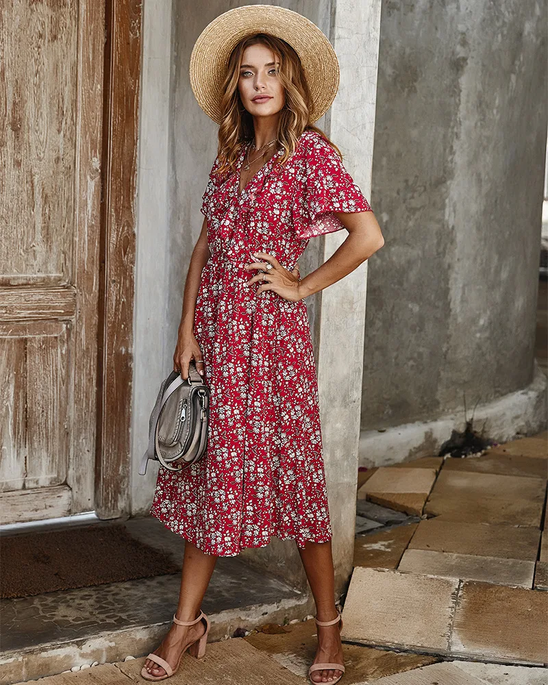 

Ruffled V neck Dress Small Floral Short-Sleeved Dress Original Design Summer Beach Dresses Elegant Dresses 2020