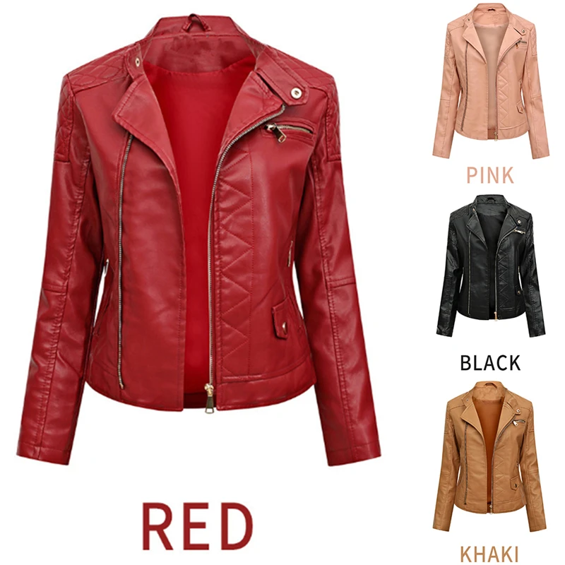 Женская кожаная куртка с отложным воротником повседневная приталенная из