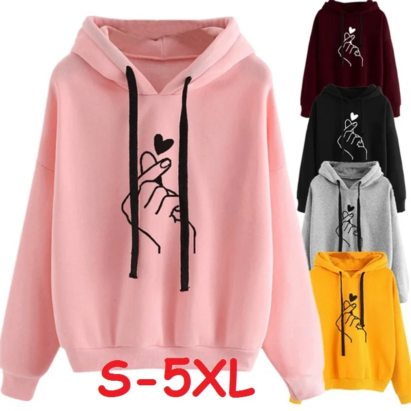

Women Harajuku Hoodies Autumn Kpop Style Oversize Streetwear Sweatshirts Fashion Love Printed Female Drawstring Hoodie Pullover