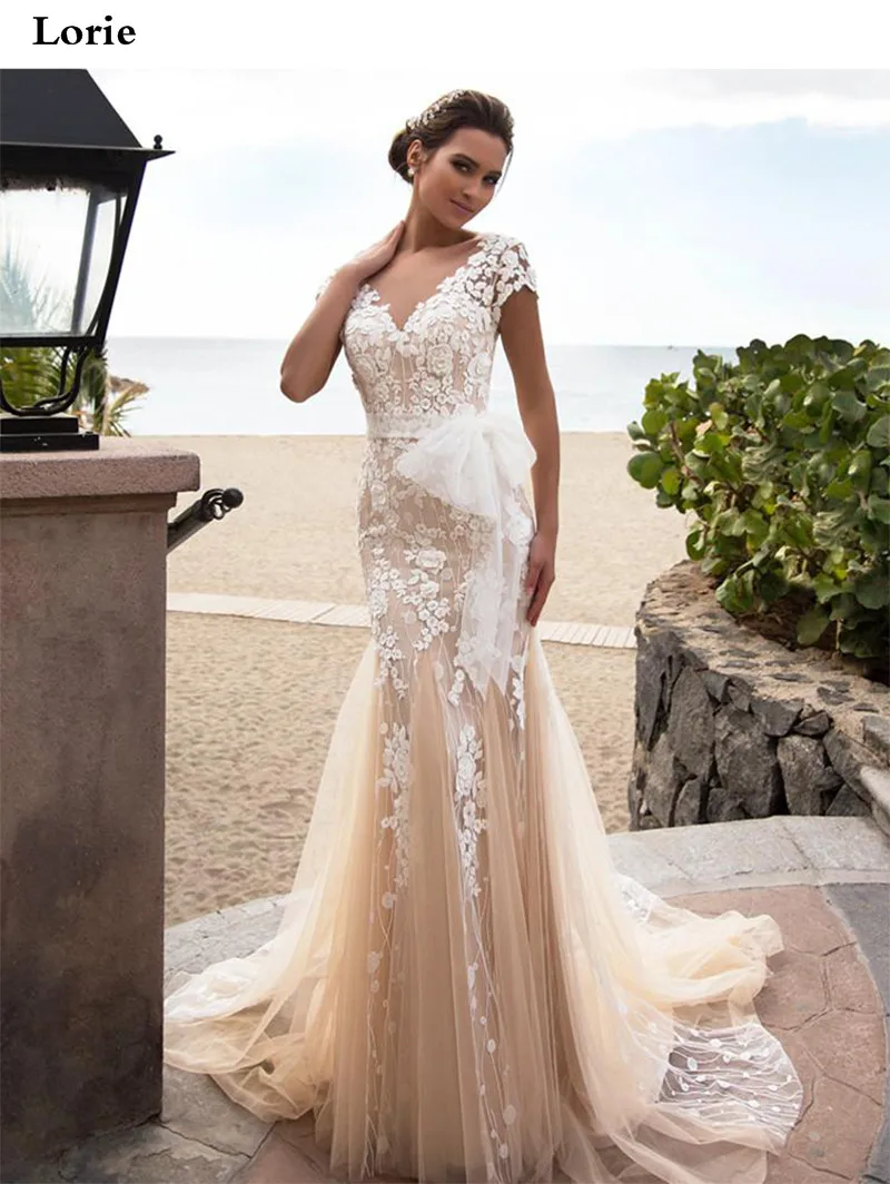 Lorie свадебное платье цвета Шампань Русалка Богемия Vestido de novia свадебное платье кружевная Апликация Свадебные платья с коротким рукавом