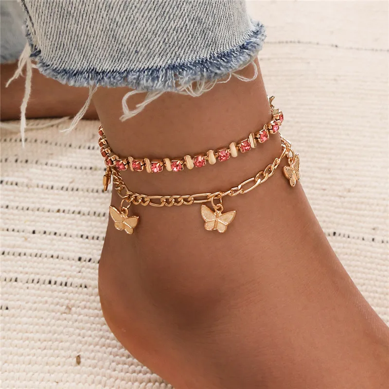 

New Red Crystal Ankle Bracelets For Wom Gold Color Butterfly Multi-layer Anklet Female Simple Leg Chain Foot Jewelry