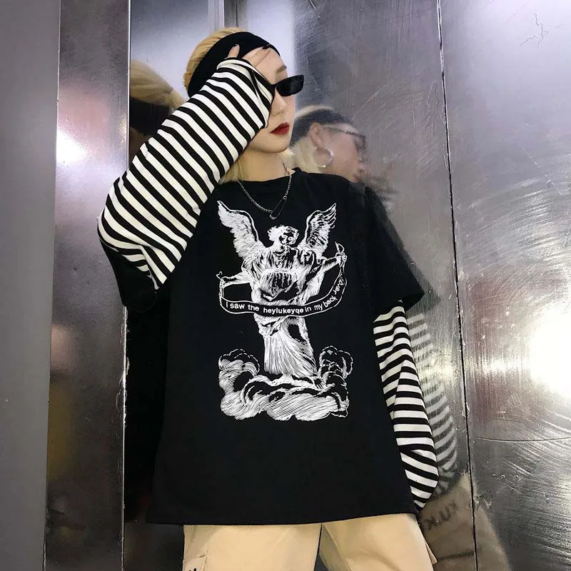 NiceMix Harajuku футболка женская поддельная 2 шт. принт японский Fujiang Ужасы комиксы длинный рукав рубашка Женская Vetement Femme