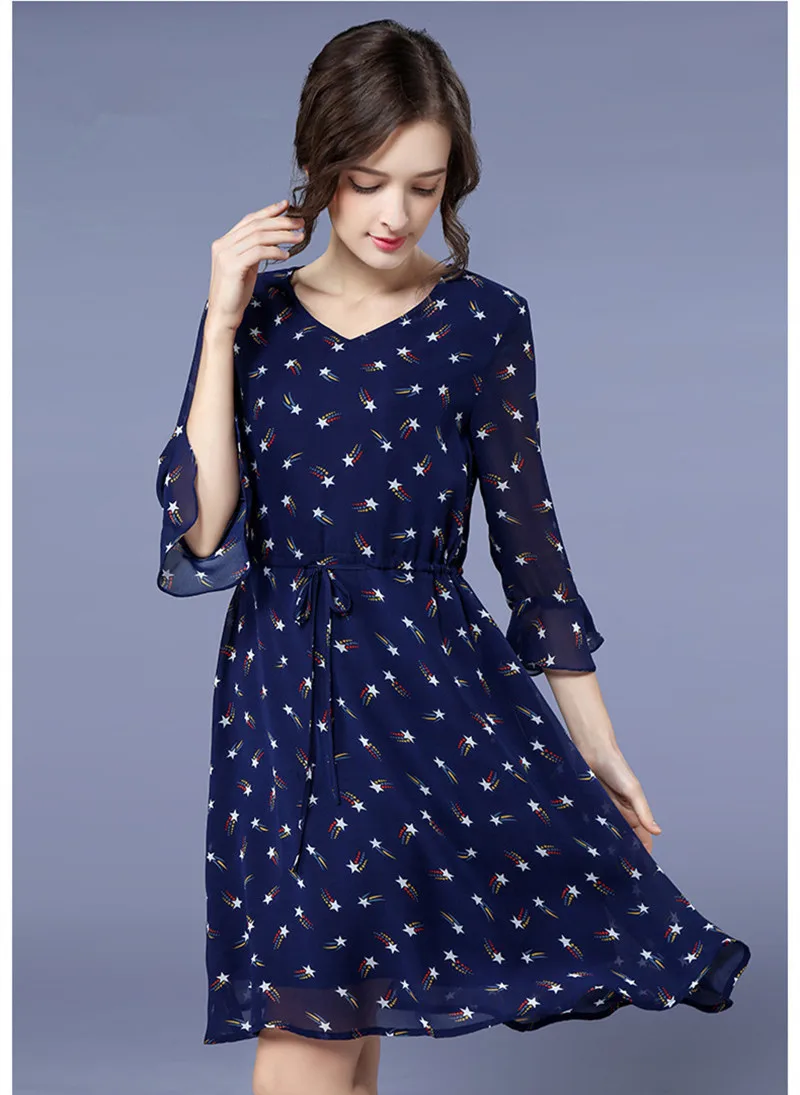 2020 Spring Summer Dress Women V-Neck Floral Chiffon Dresses Flare Sleeve Casual Slim Blue Vestidos Plus Size 5XL WXF711 | Женская