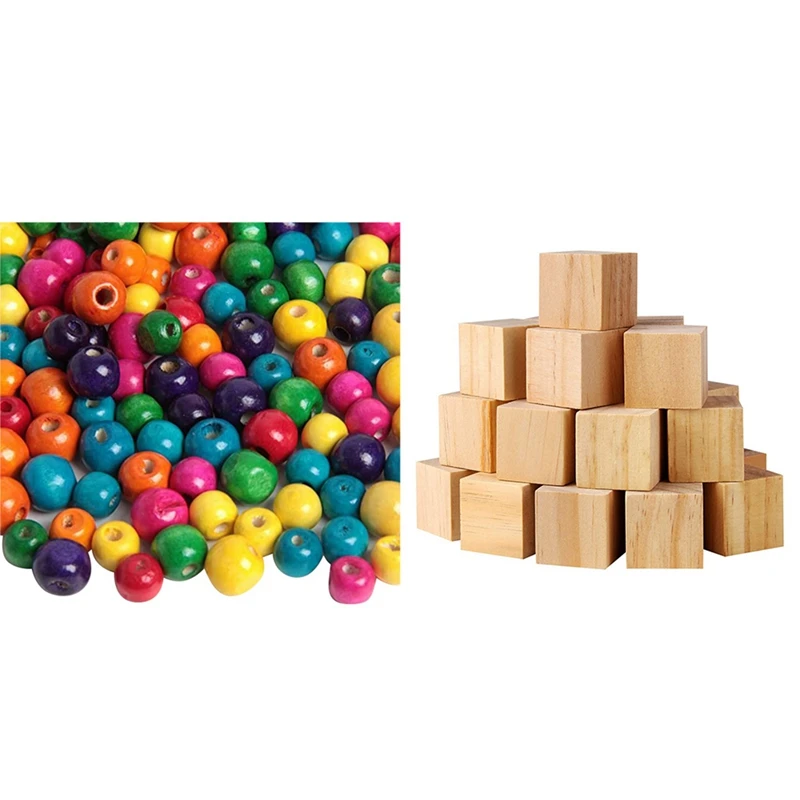 

500Pcs Mixed Color Dyed Wood Beads With 50Pcs Wood Square Square Blank Wood Blocks