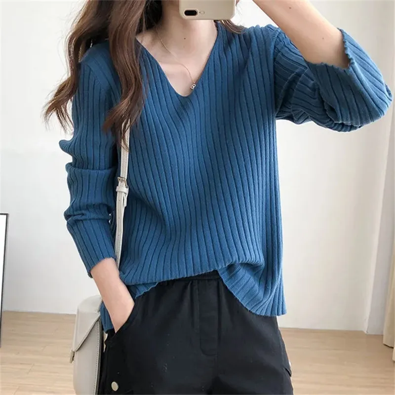 

Women's Sweater Spring and Autumn New Solid Color V-neck Long-sleeved Stretch Loose Pullover Simple Fashionable Commuter Top 178