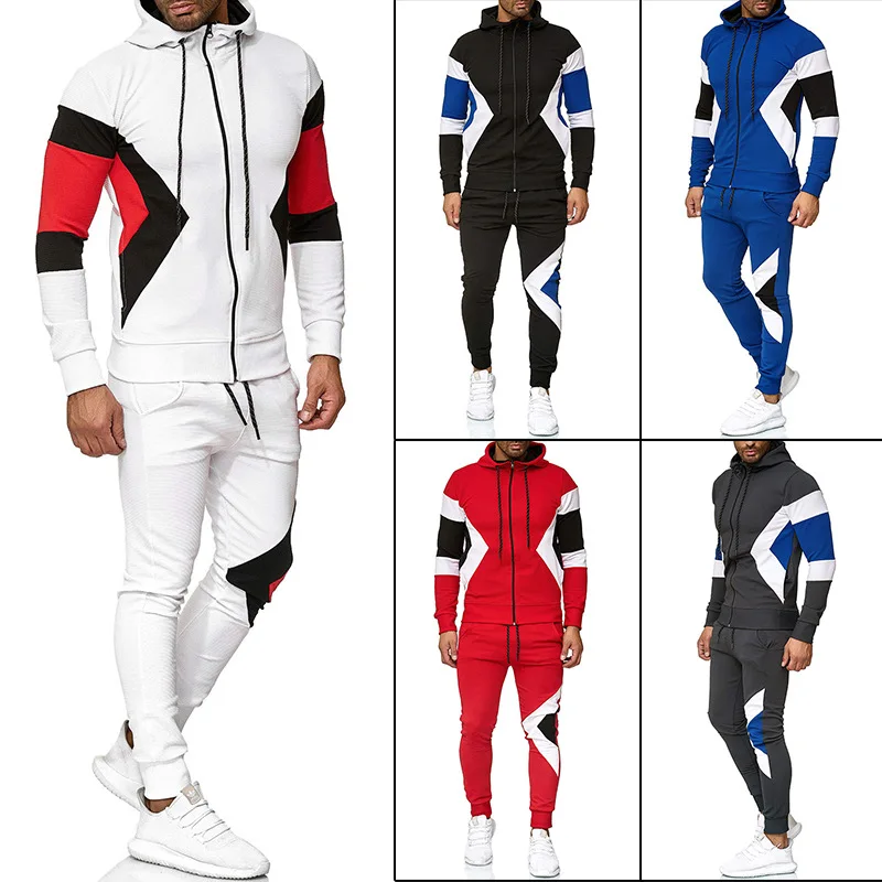 

autumn and winter new fashion color matching large size men's hoodie sweatshirt 2 pieces men's zipper sports pants casual suit