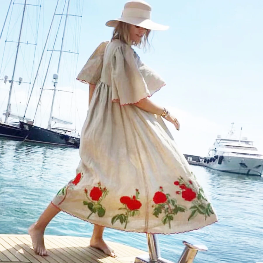 TEELYNN миди платье туника цвета хаки из хлопка и льна с вышивкой v ncek осенние платья