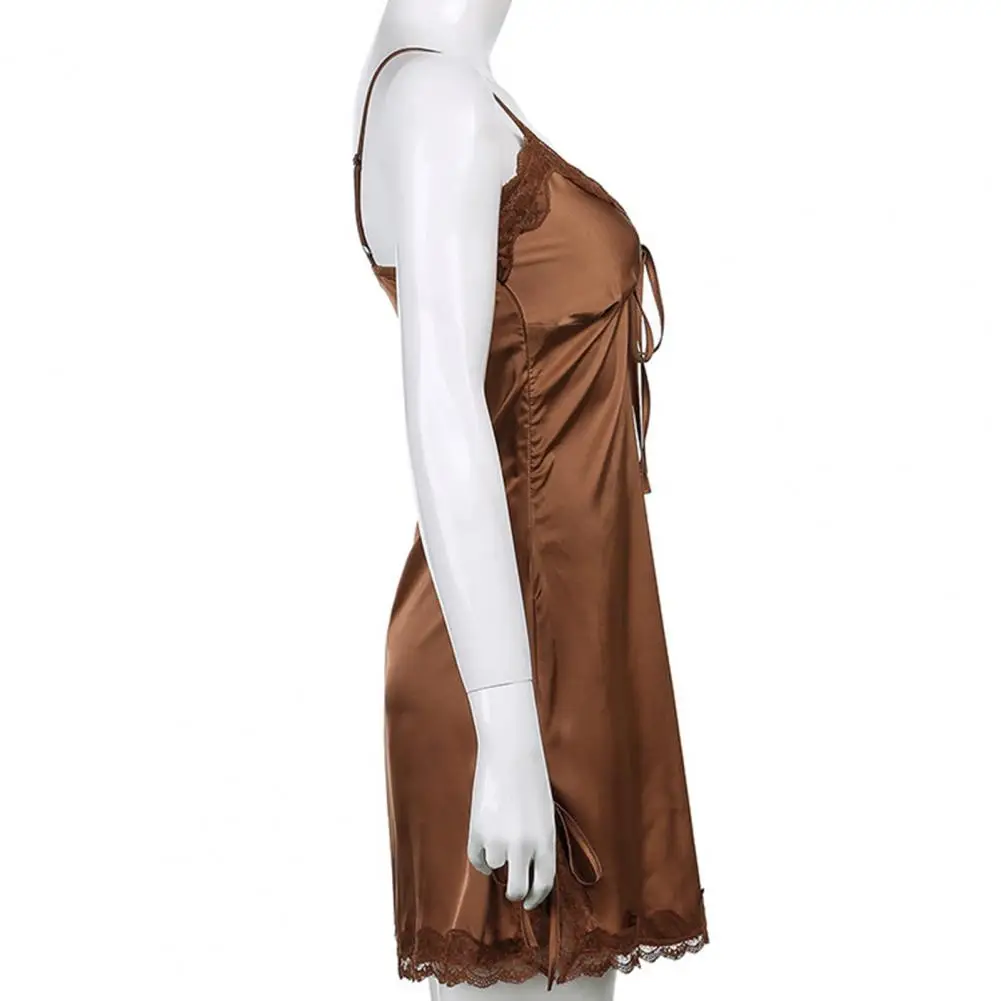 

Women Sling Dress Lace Trim Adjustable Spaghetti Straps Sexy Women Bandage Mini Nightdress for Party