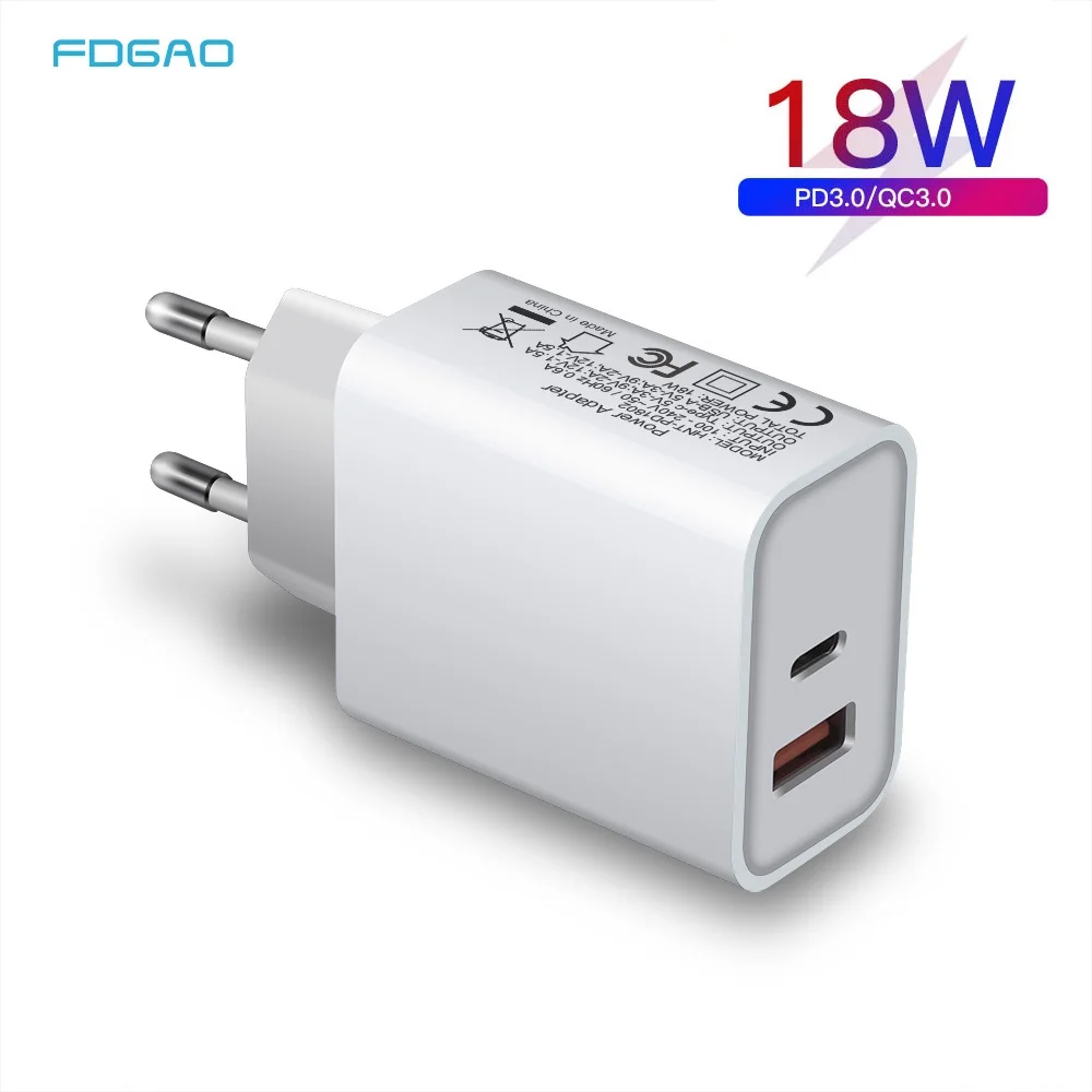 FDGAO 18 Вт Быстрая зарядка 3,0 USB PD зарядное устройство QC3.0 Type C адаптер для iPhone 12 Pro Max Samsung S20 S10 настенное дорожное зарядное устройство для телефона