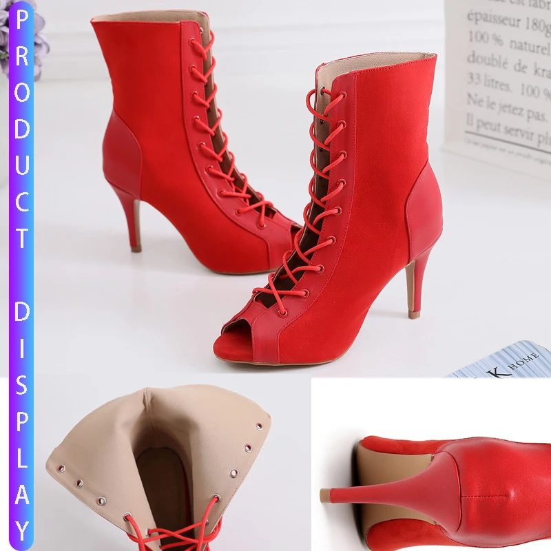 Jazz Salsa Square Standard Latin Dance Shoes Woman Discounts Ladies Ballroom Tap Small Feet for Dancing Women Red Flock Boots