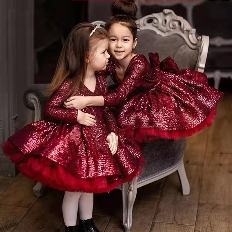 Burgundy luxurious Puffy Dress For Girls Shiny Princess Birthday Dress For Kids Lush Girls Dresses For Party And Wedding