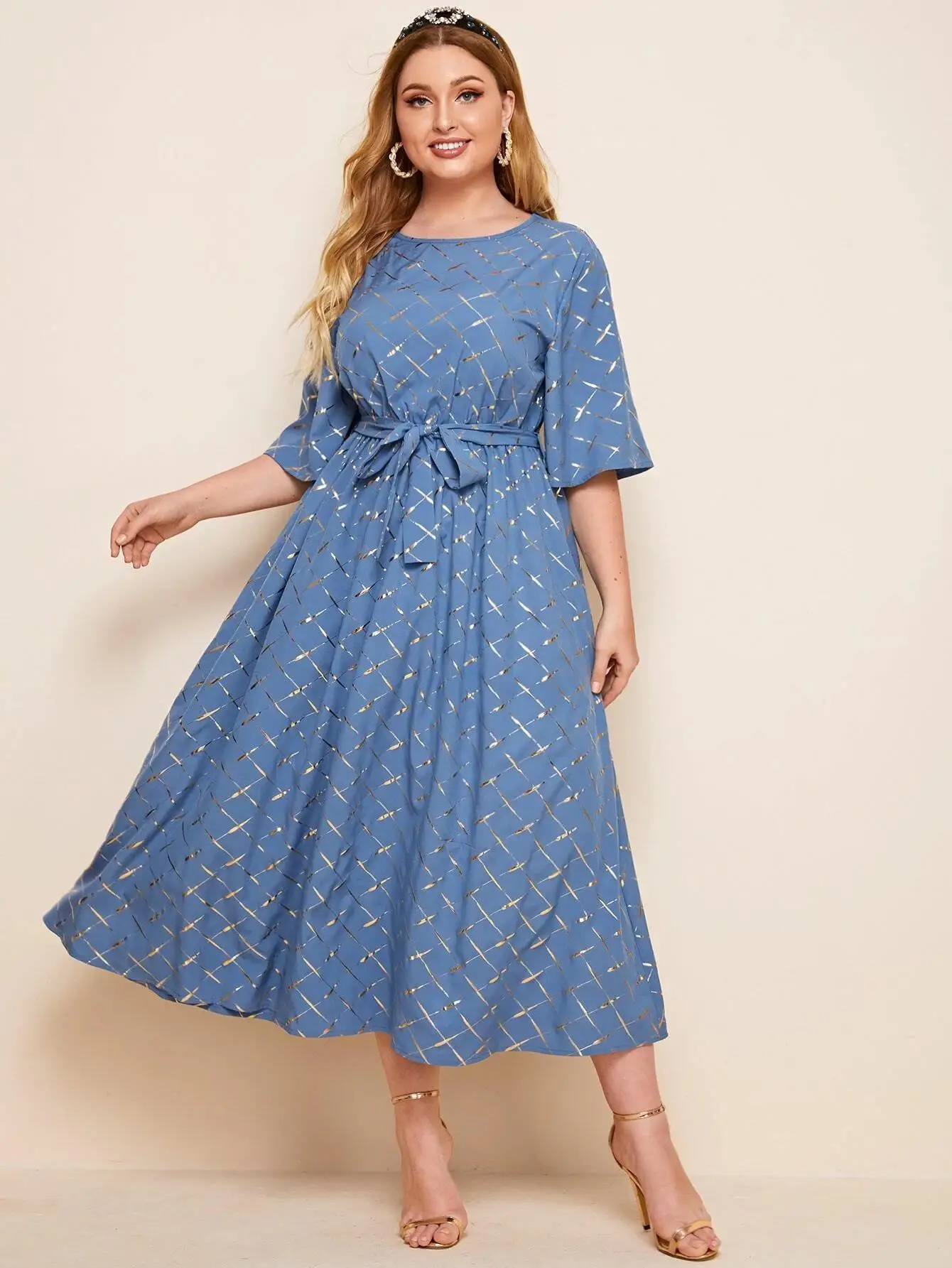 

2021 Women's Dress New Large Size Fat MM Spring Summer Hot Stamping Printed LonMid-Sleeve g Skirt