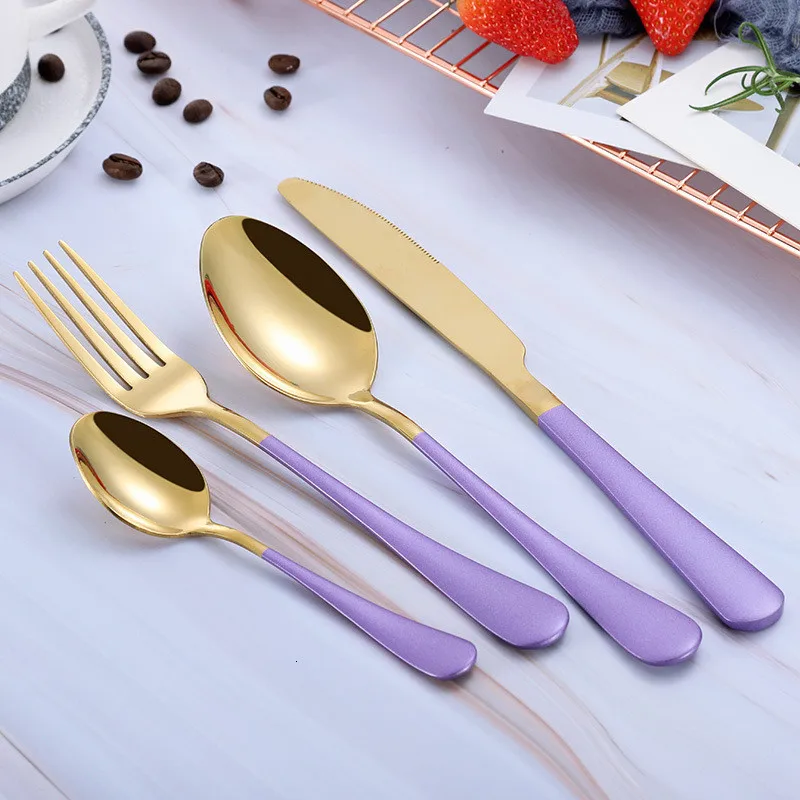 purple gold Радужные столовые приборы набор вилок ложек ножей Корейская кухонная посуда набор серебряных изделий из нержавеющей стали 18/10 - Цвет: purple gold