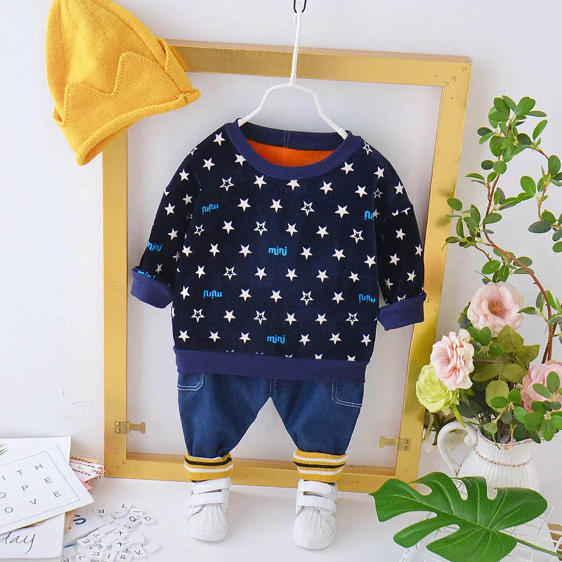

Children Printe Clothes Baby Boys Girl Thick Add Velvet Sweatshirt Pants Winter Warm Toddler Clothing Kids Casual Tracksuit Sets