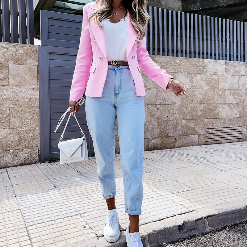 

Women Jacket Pink Suit Long Sleeve Fashion Casual Lady Solid Color Button Autumn 2021 Office Wear Elegant Suit Female Suit Coat