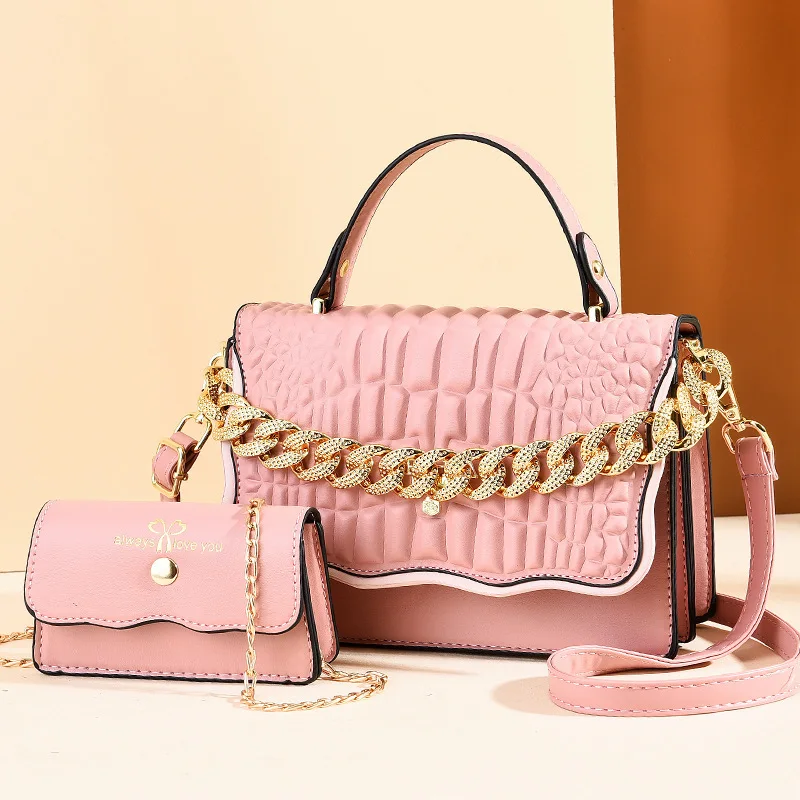 2 pcs sets shoulder bag for women metal chains luxury tote bag with zipper pu leather branded designer handbag new 2021 trendy free global shipping