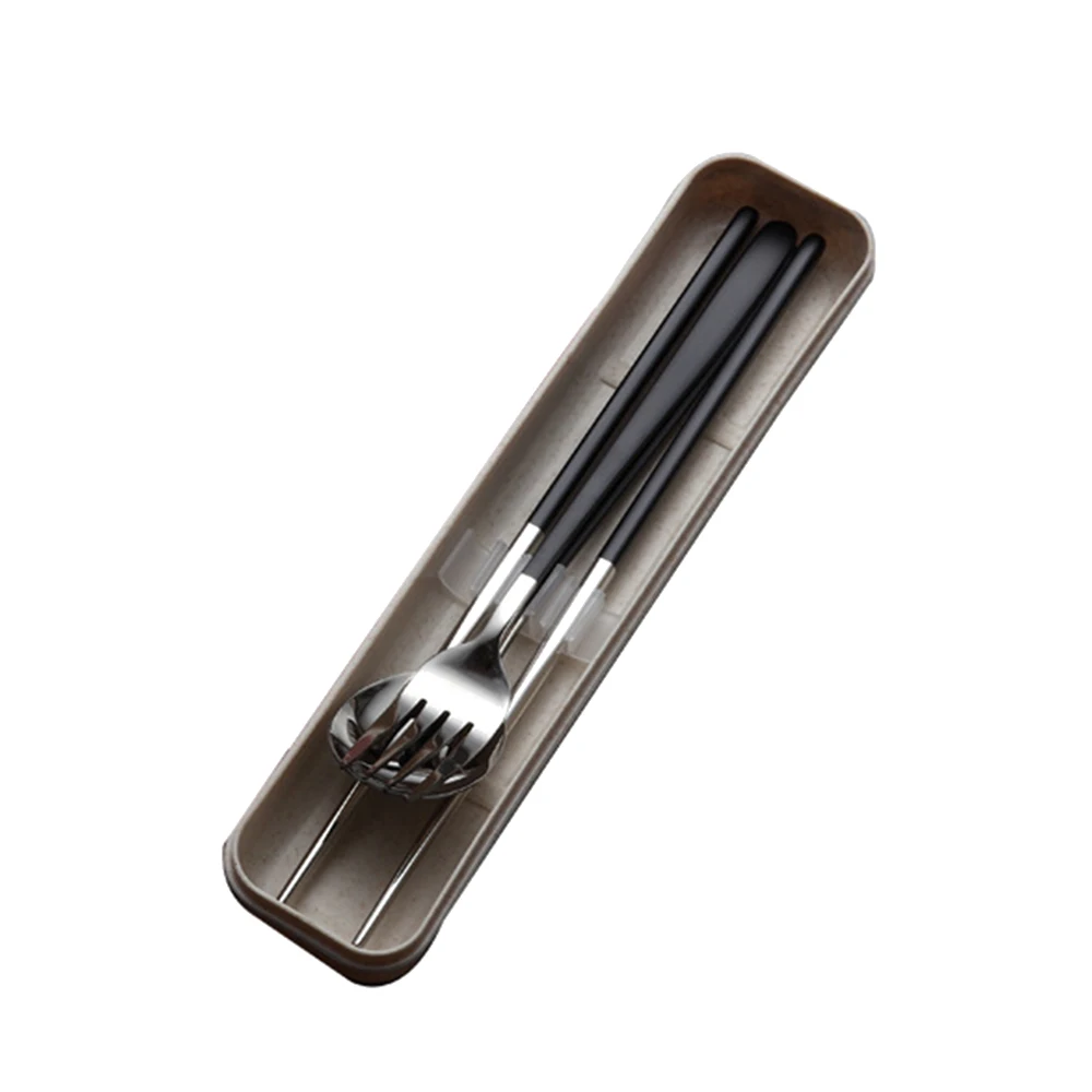 3Pcs Stainless Steel Chopsticks Spoon Fork Tableware Set Portable Gift Box Adult School Travel Picnic Wheat Straw Cutlery Set - Цвет: black