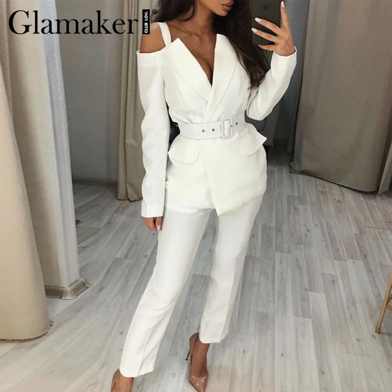 Женский костюм с блейзером Glamaker белый комплект из двух предметов длинным рукавом