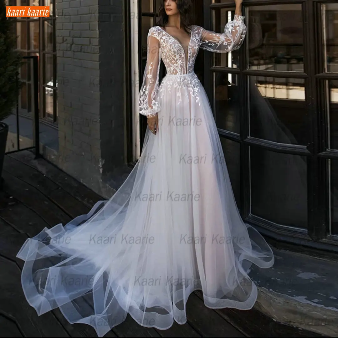 

Dreamy Princess Wedding Dresses 2021 A Line Vestidos De Noiva V Neck Long Puff Sleeves abito da sposa Lace Appliques Bride Gowns