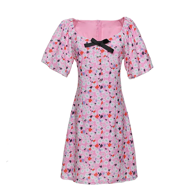 

COIGARSAM Floral Print Women one-piece dress korean Summer Short Sleeve Bow V-Neck Dresses 609