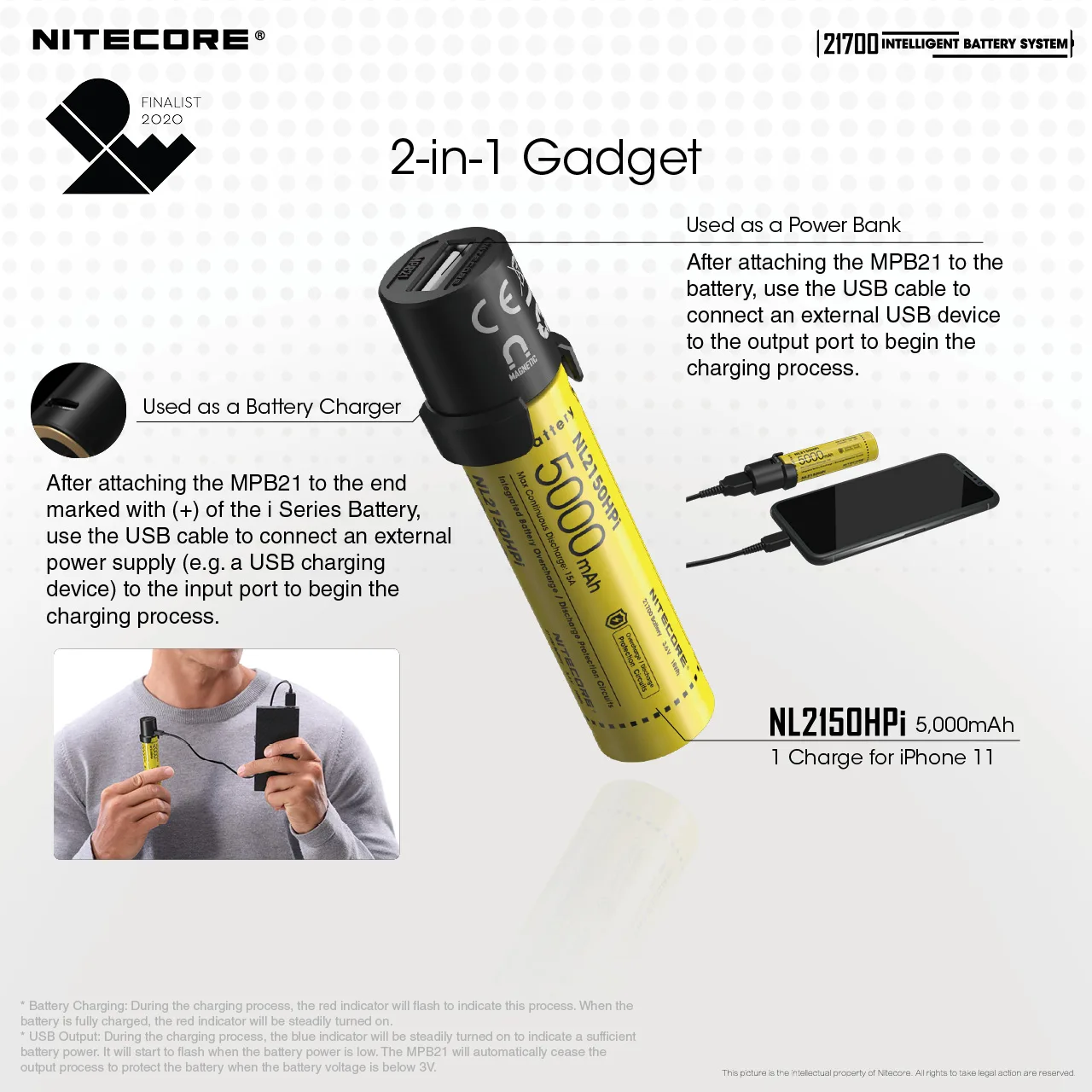 NITECORE 3 в 1 21700 интеллектуальная аккумуляторная система NL2150HPi 5000 мАч перезаряжаемая батарея + MPB21 Внешний