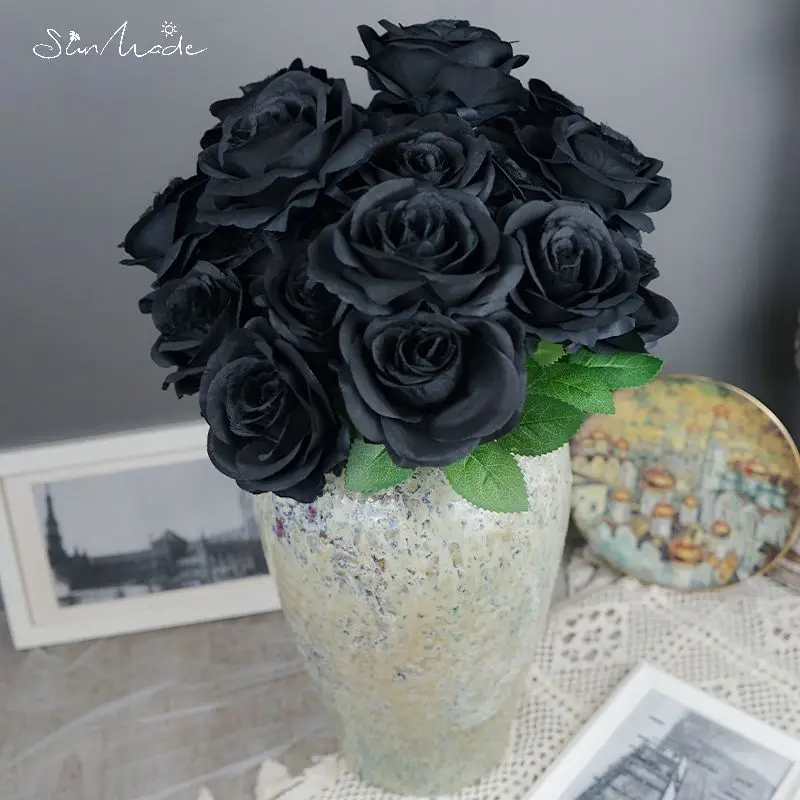 SunMade искусственные розы 10 головок букет черной золотые шелковые цветы свадебный