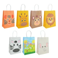 5pcs portable kraft paper bags cartoon animal print gift packaging bag handbag for kids birthday safari jungle party supplies