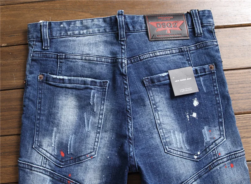 

European Italy Blue Men dsq Brand Jeans Pants Men Slim Jeans Patchwork Moto & Biker Jeans Pants Black Hole Jeans for Men