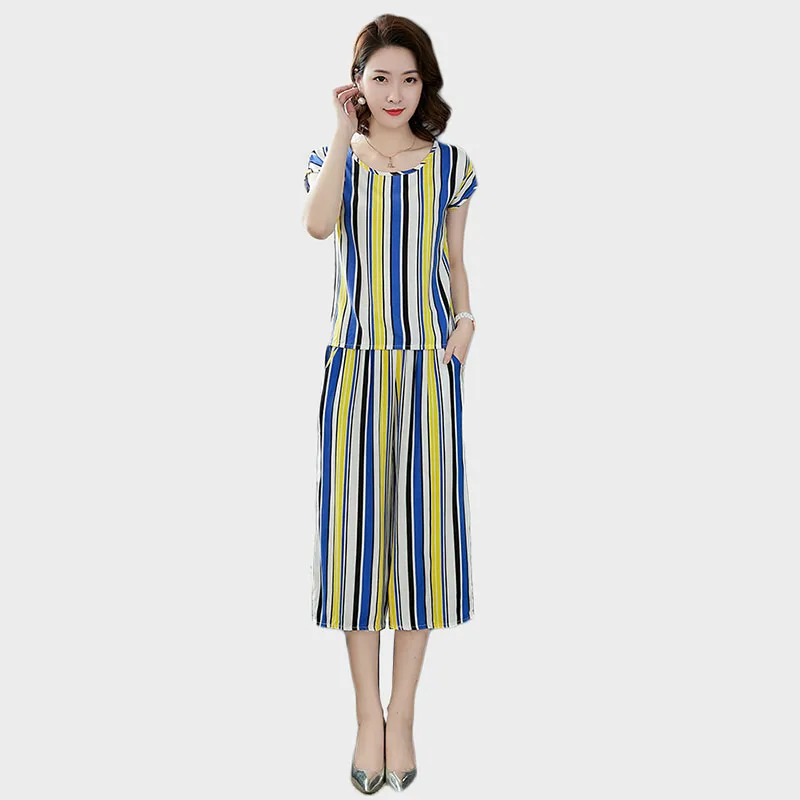 

Fashionable female clothing Lady clothes set stripe summer 2 piece set Middle age clothing printing T-shirt + Wide leg pants 72