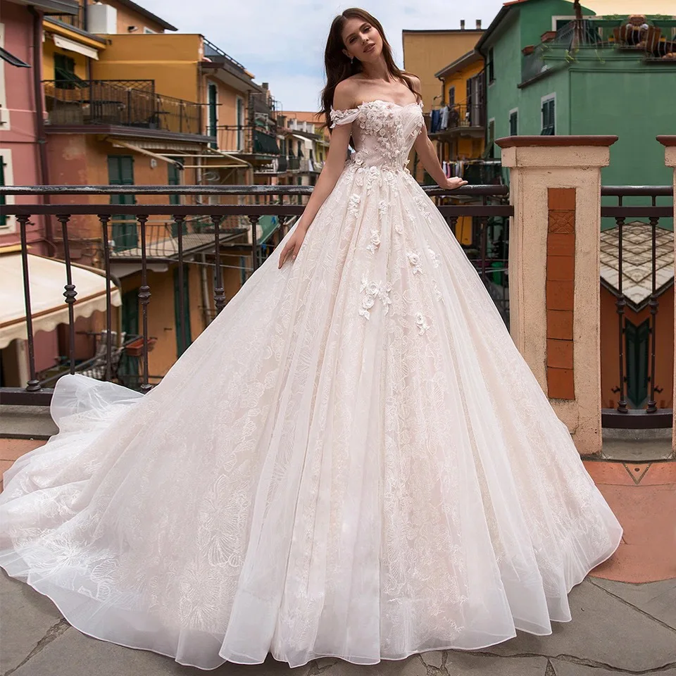 

CloverBridal 3D flowers Long Train Bridal Wedding Dress A-line vestidos de novia DH9500