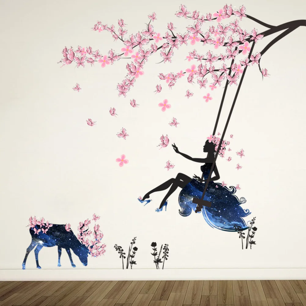 

Flower Fairy Plum Blossom Creative Landscape Wall Sticker Beauty Plum Blossom Branch Swing TV Background Home Decor Wallpaper