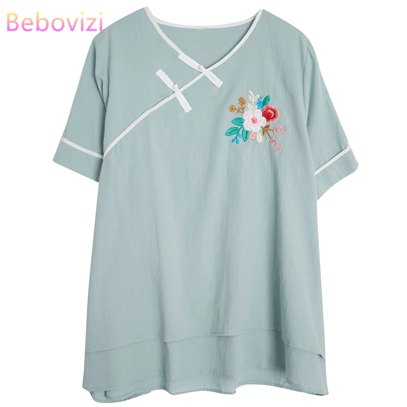 

Рубашка из хлопка и льна в китайском стиле Qipao для женщин, зеленая, белая рубашка с вышивкой Hanfu, ретро, летняя Свободная рубашка в стиле ханьф...