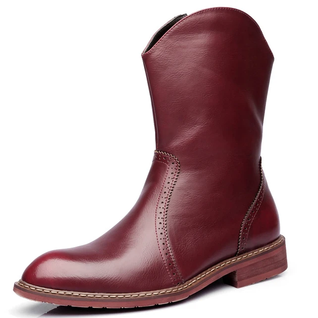Men Motorcycle Boots Vintage Combat Boot Winter Fur Genuine Cow Leather Waterproof Buckle Military Boots Men Increase Shoes - Цвет: Red