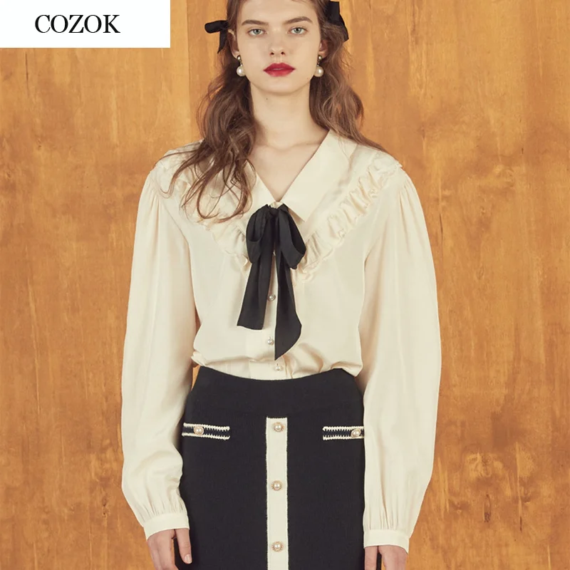 

Korean Fashion WOmen Blouse Button Up Shirts 2021 Spring Cute Ruffles Lace Bows Loose Beige Chiffon Blusa Female Top