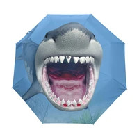 hot selling 3d shark rain umbrella male ocean fish three folding women automatic umbrella parasol with black coating parapluie