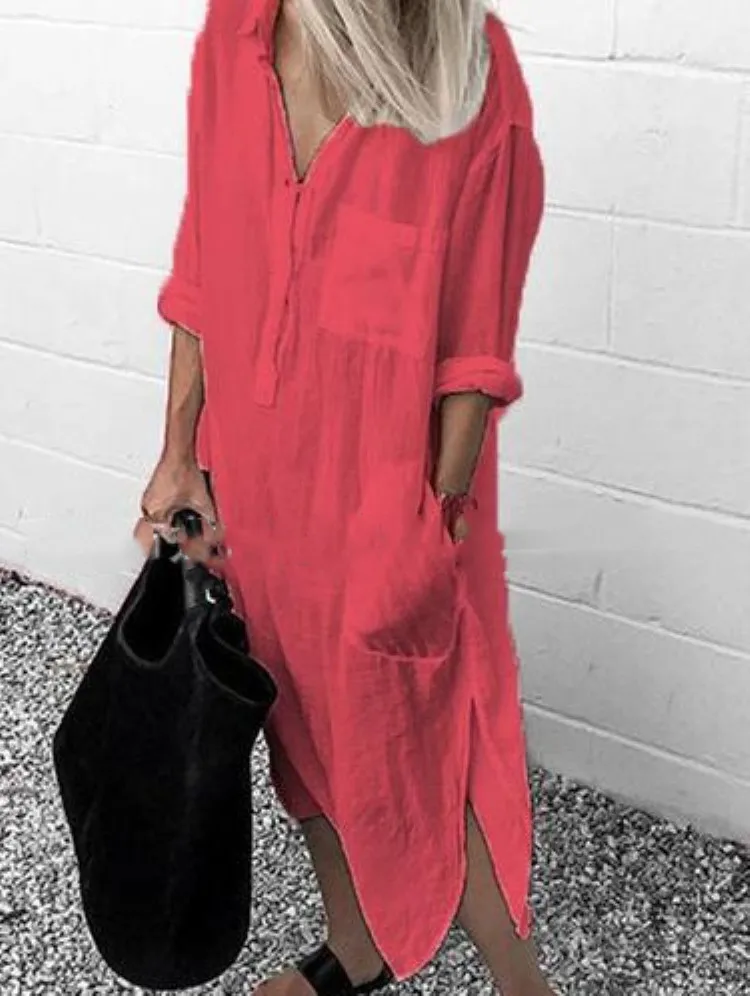 

2021 summer elegant solid color slit dress simple nail buckle long size shirt skirt women