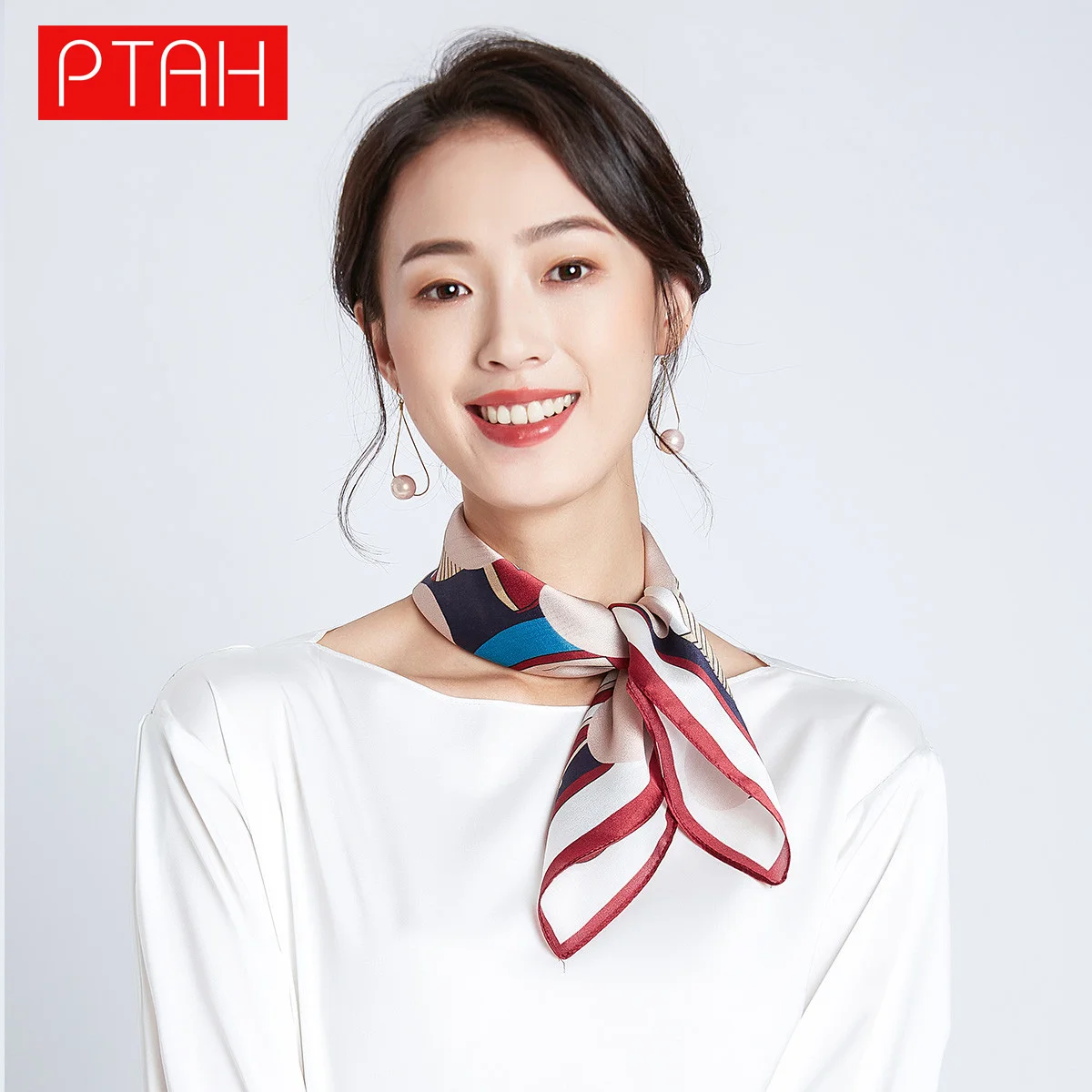 

[PTAH] 2021 100% Mulberry Silk Scarf Lightweight Small Square Neckerchief Breathable Digital Printed Scarf High Quality 53*53cm