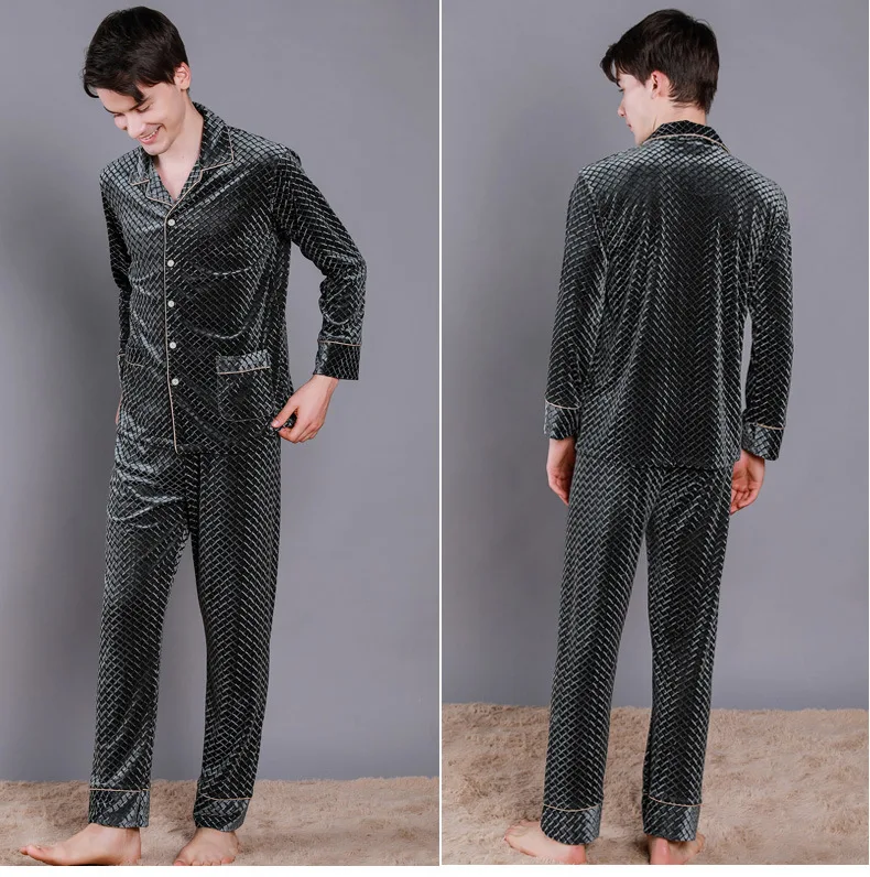 

Spring Autumn Men's Gold Velvet Pajamas Suit Cardigan Lapel Men's Home Pijamas Gold Velvet Two-piece Suit Can Be Worn Outside