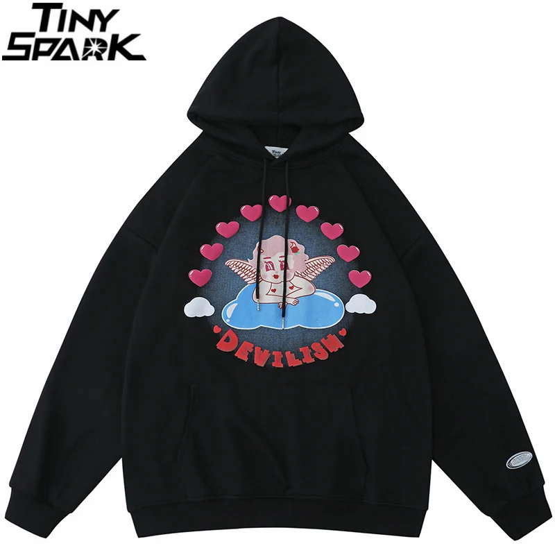 

Hoodie Sweatshirt Men Hip Hop Streetwear Devilish Angel Print Hooded Hoodie 2021 Autumn Harajuku Cotton Casual Pullover Black