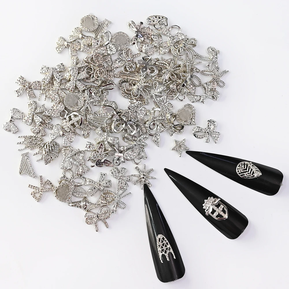 50PCS New Wholesale Bowknot/Heart/Flower mix Alloy Nail Rhinestone Mixed Metal Jewelry Manicure DIY Nail Art Decorations Random