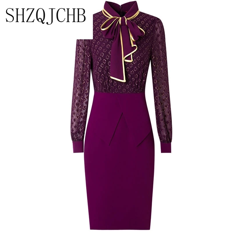

New 2021 Spring High Quality Grace Bow Dress Plus Code Women Business Office Work Dress Package Hip Womanliness Party Dresses