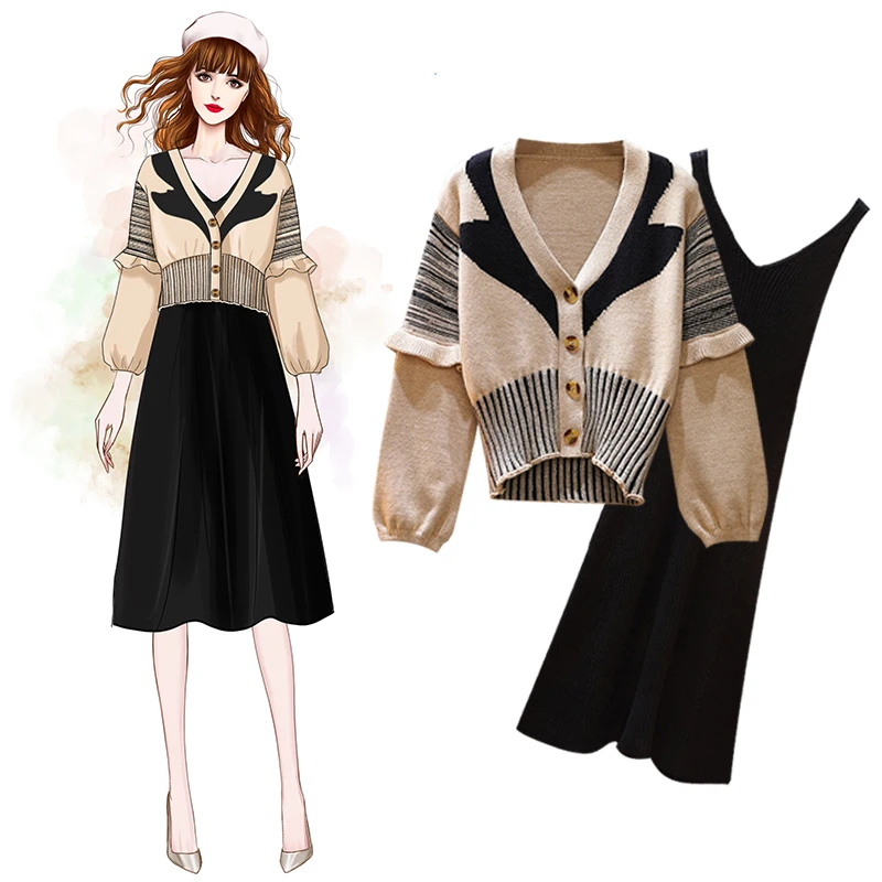 Женский трикотажный Костюм двойка кардиган и платье на бретелях размеры до