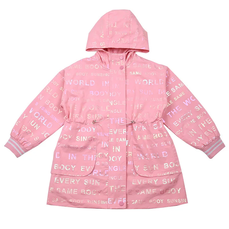

Fashion Spring Shinny Letter Baby Girls Jackets Hooded Child Long Coat Autumn Children Outerwear Kids Outfits For 4-15 Years Old