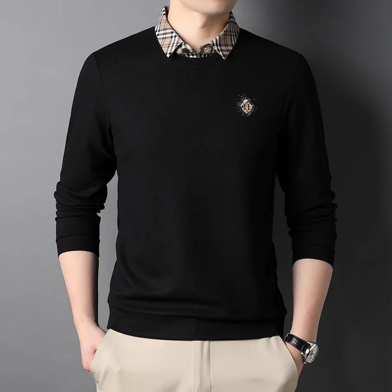 

Новый модный брендовый вязаный пуловер, корейский Мужской дизайнерский роскошный бренд, имитация двух рубашек, воротник с длинным рукавом, ...