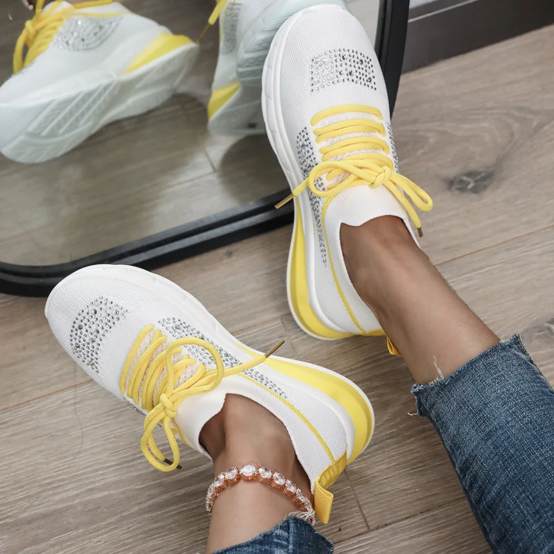 

Prowow Women Energy Vulcanized Shoes 2021 Fall New Arrival Contrast Color Lace-Up Knitting Sports Crystal Sneakers Zapatilla